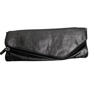 Hobo Effe Pewter Shimmer Leather Clutch With Floral Lining & Zipper Closure